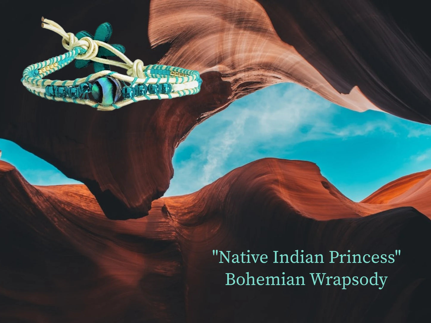 Native Indian Princess Bohemian Wrapsody with Buckskin colored genuine leather encasing an Abaloney disc center, Zircon colored Czech beads, tiny bi cone Austrian crystals and tiny Czech beads. Turquoise Wood Flower Closure. $33.99