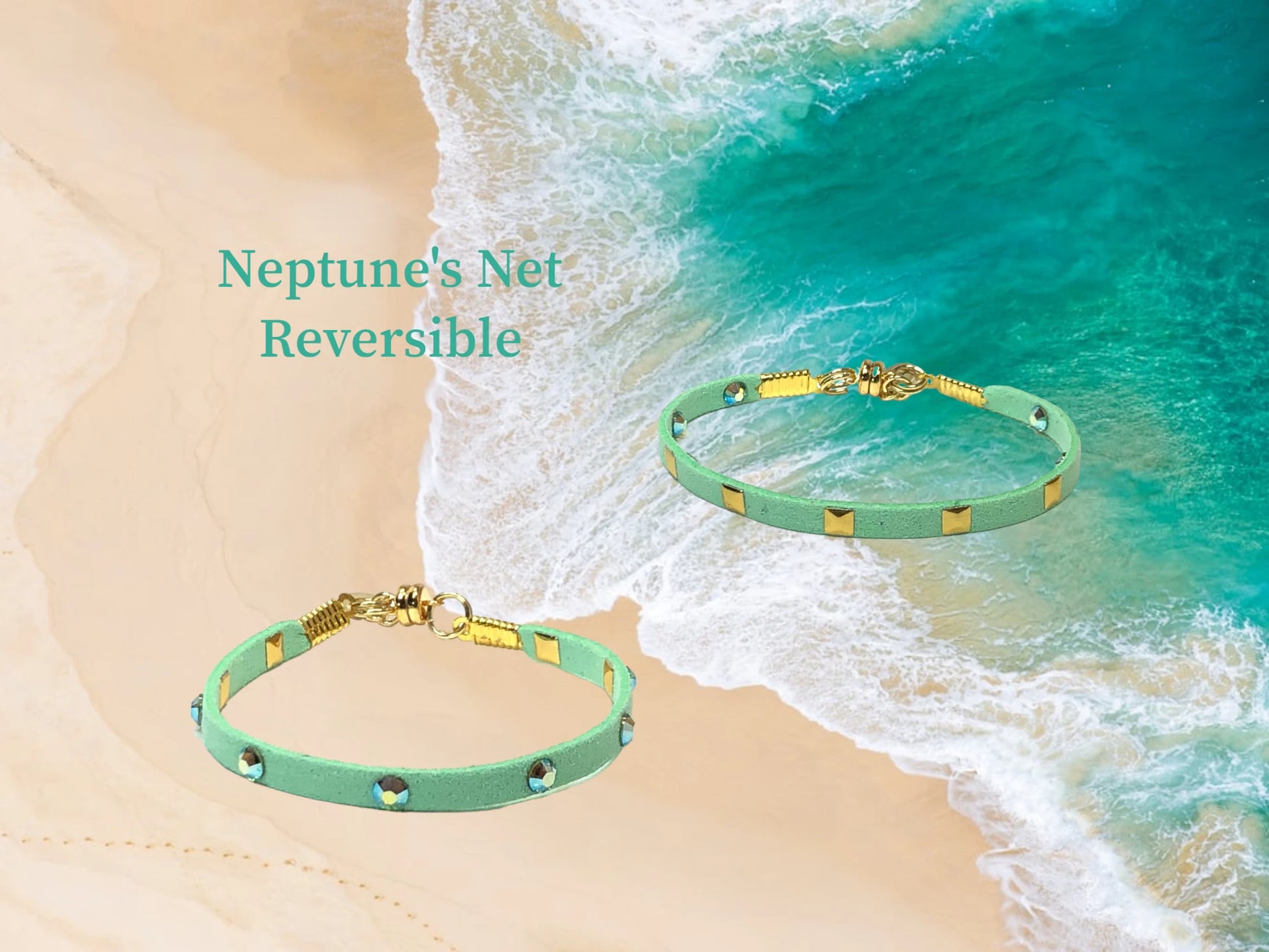 Reversible single wrap with gold square studs on one side and matching shimmering sea foam Austrian crystals on the other. $22.99