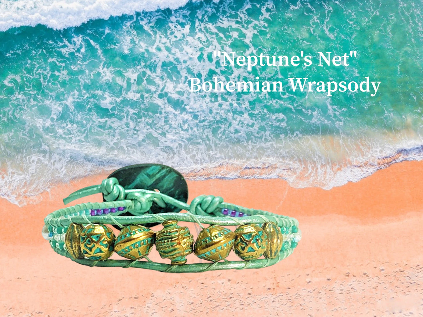 Neptunes Net Bohemian Wrapsody with Pearlized Sea Foam genuine leather encasing Brass Patina Treasure beads, Crystal bi-cones, and Tiny Czech Beads. Sea Foam Wood Button Closure. $37.99