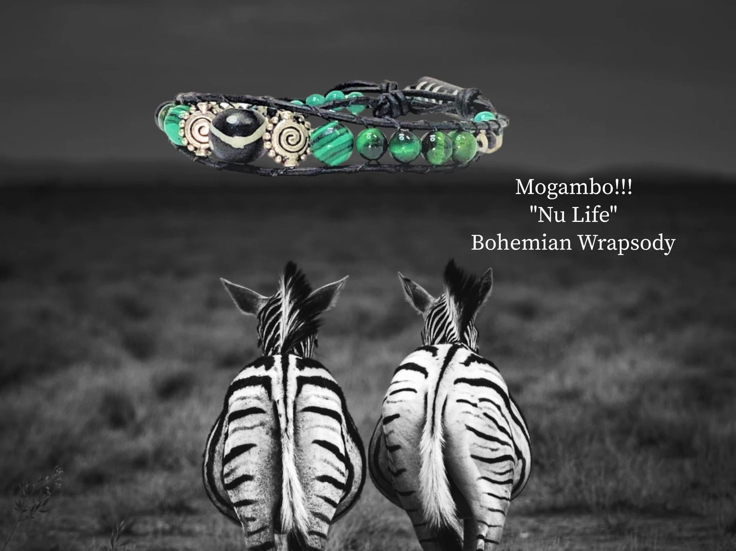 Bohemian Wrapsody w/ black genuine leather cording encasing Malachite and Tiger's Eye beads, and Dalmation Jasper. Sold individually or as a collection! $37.99