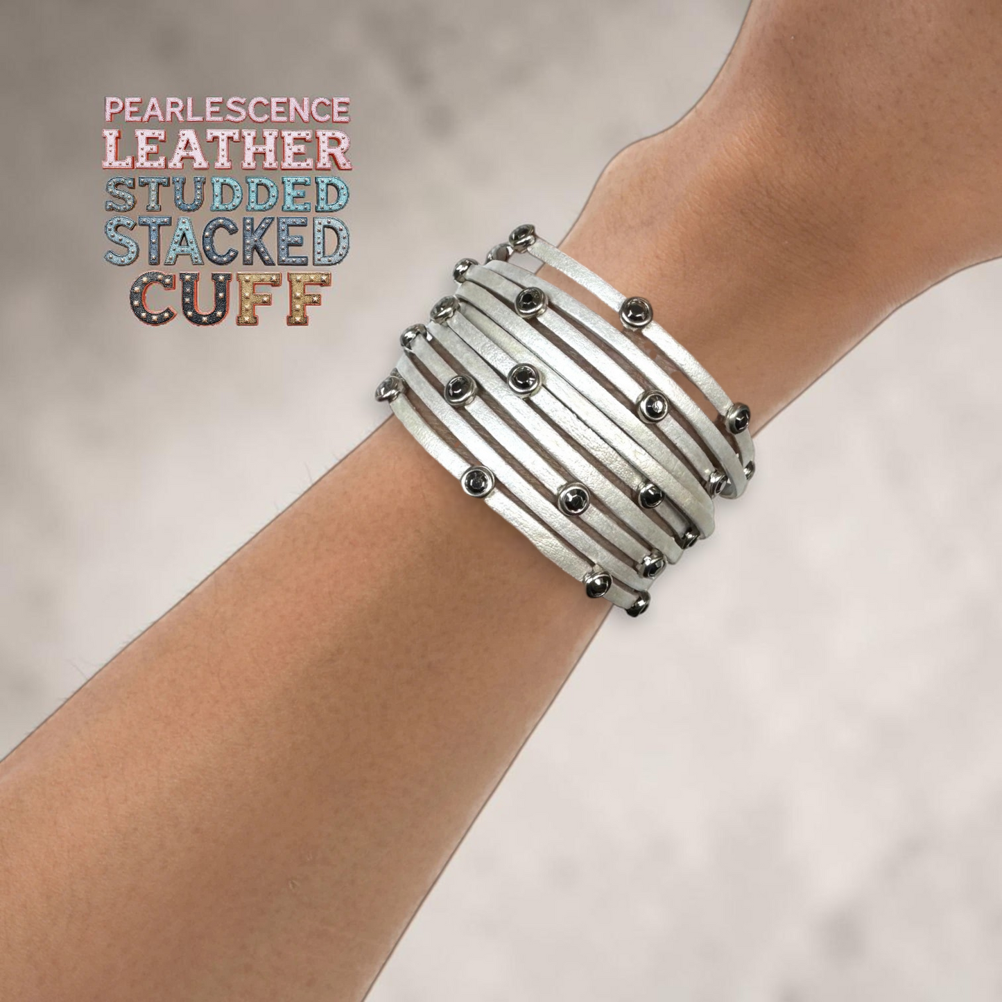 Pearlescent Leather Stacked Studded Cuff