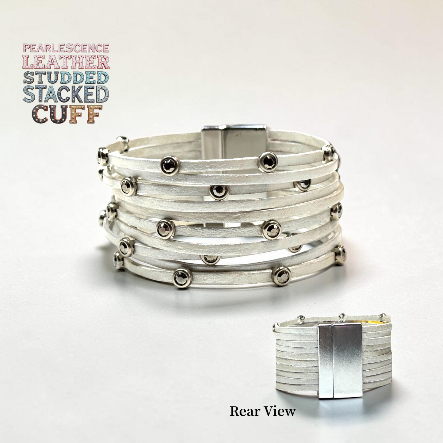 Pearlescent Leather Stacked Studded Cuff