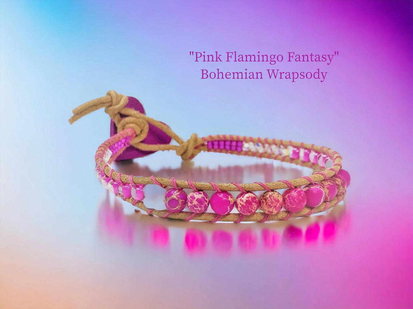 Pink Flamingo Fantasy Bohemian Wrapsody- Natural colored genuine leather encasing lots of Hot Pink Sea Sediment Jasper, Mother of Pearl clovers, pearls, Austrian Crystals and delicate Czech beads make this bracelet so much fun to wear!!! $34.99