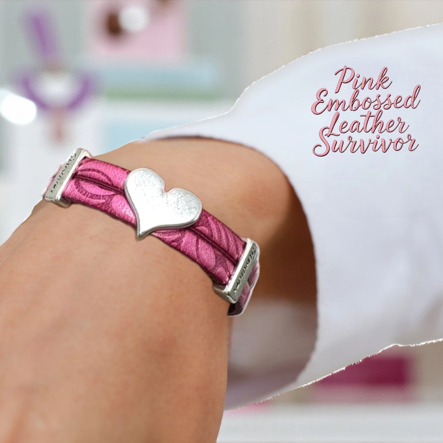 Pink Embossed Leather Survivor Bracelet