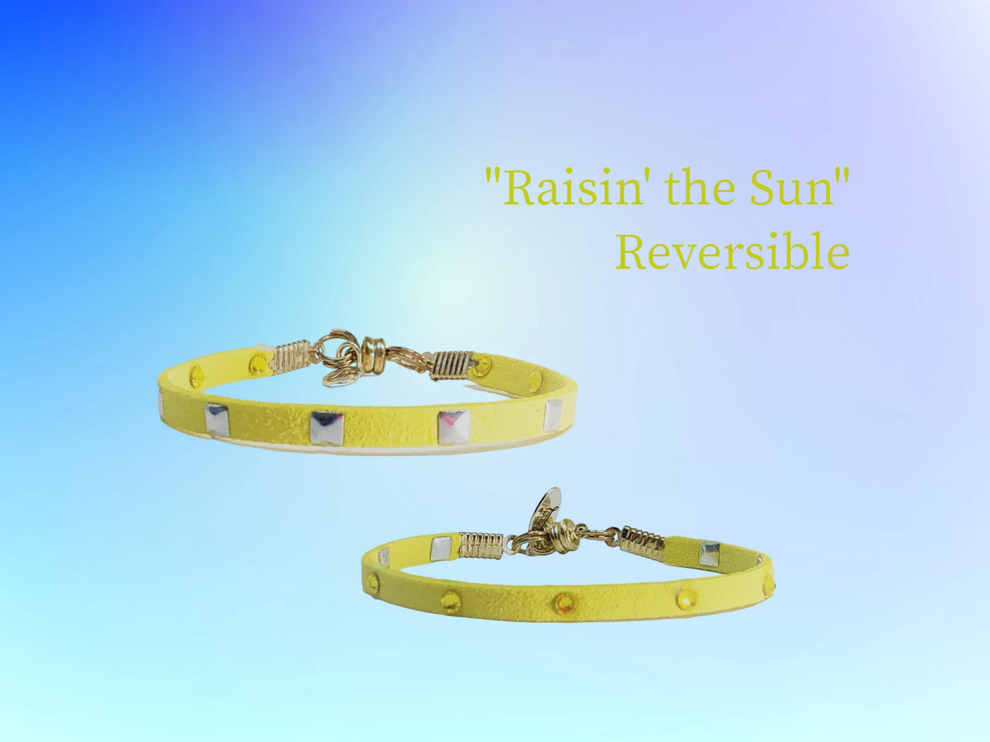 Raisin' The Sun Reversible with Silver pyramid square studs on one side and yellow Austrian Crystal studs on the other side. Two bracelets in one. $22.99