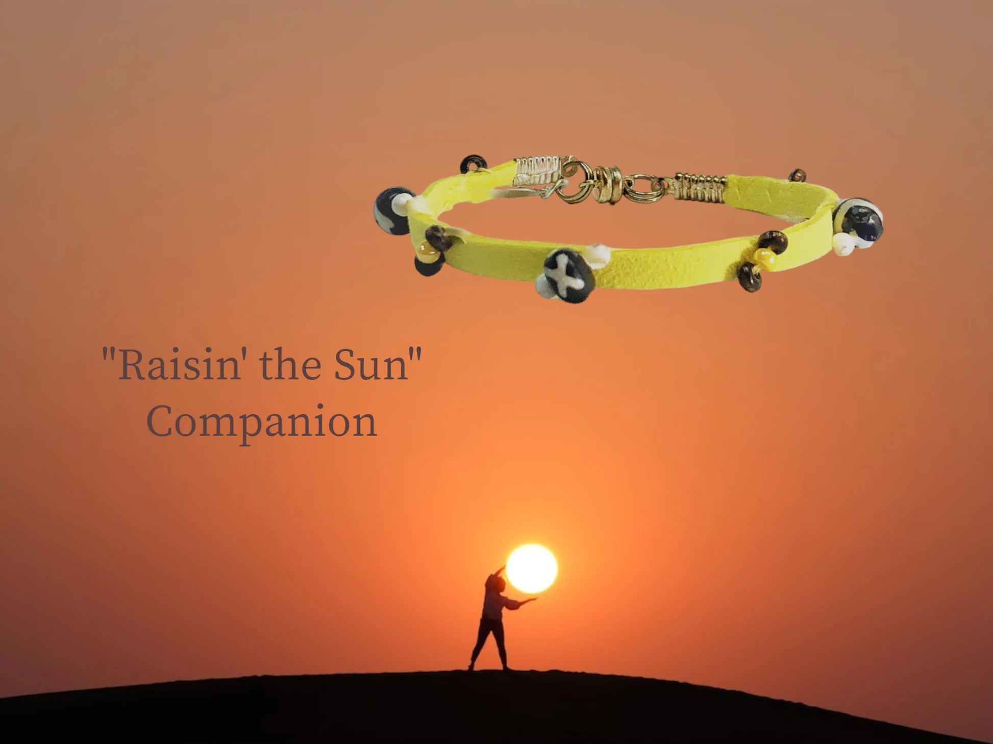 Raisin' The Sun single wrap companion with Hand painted wood, white turquoise yellow Czech and wood beads. $18.99