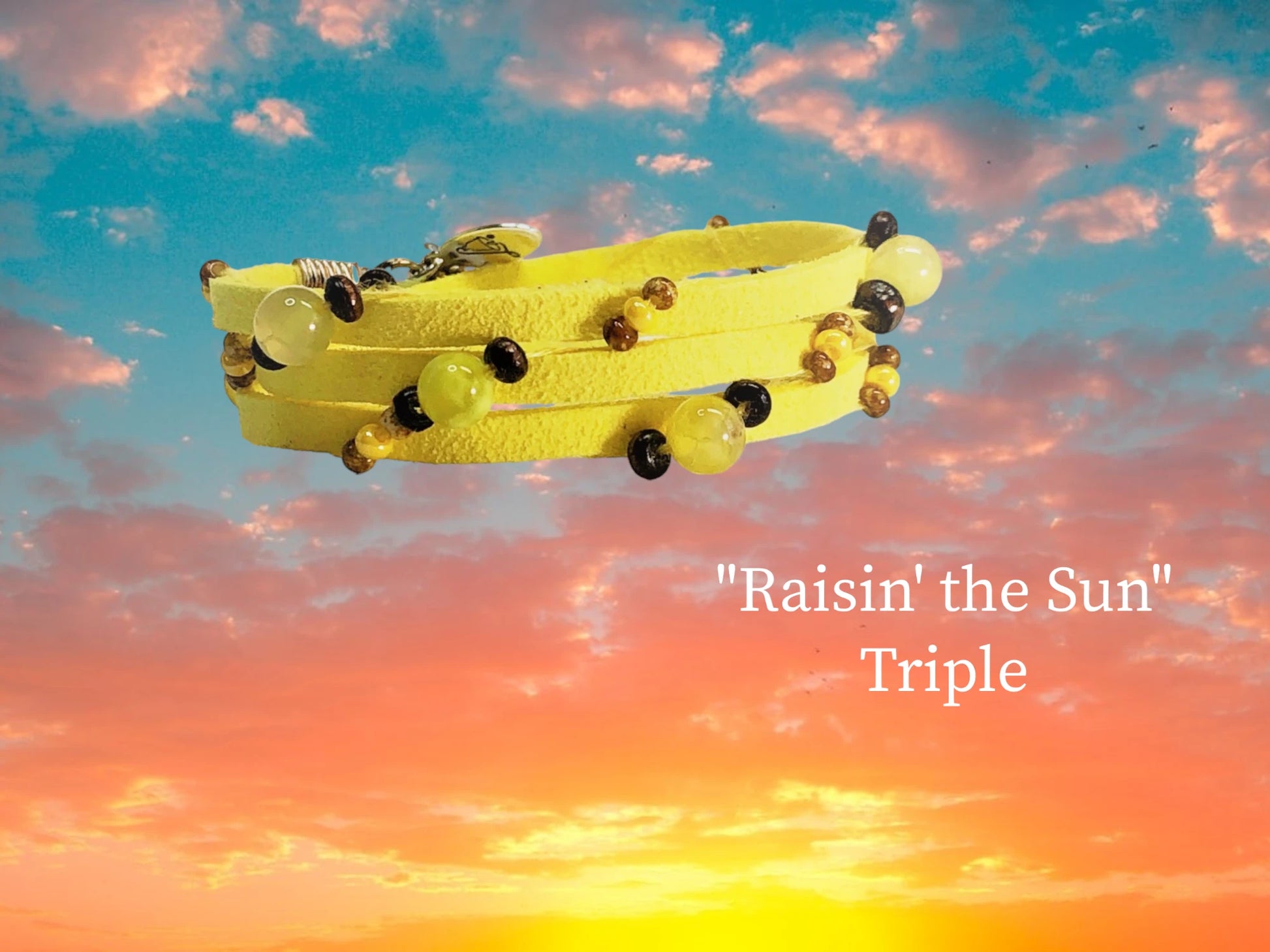 Raisin' The Sun Triple Wrap with Bright Yellow Faux Suede, cascading bright yellow Agate, wooden and Yellow Czech beads. $28.99