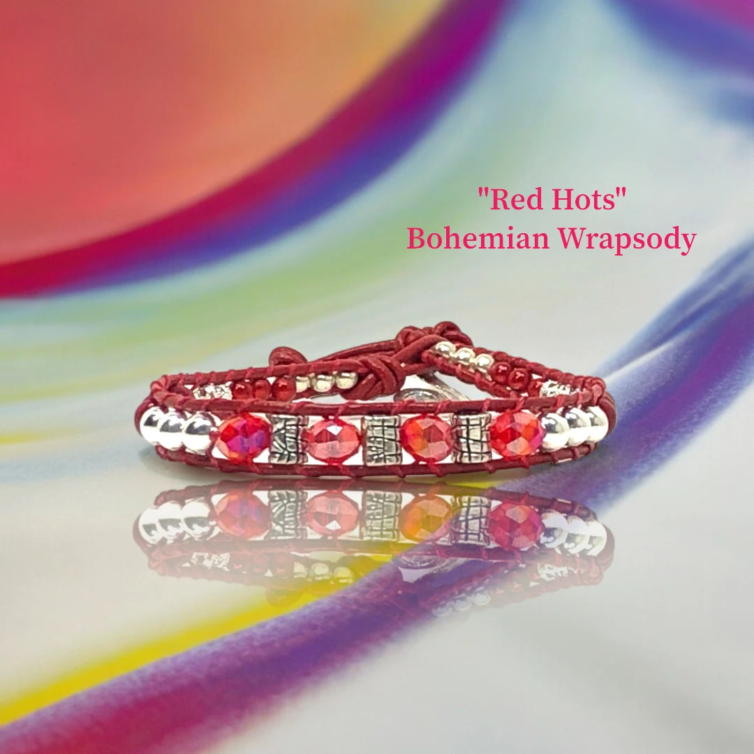  Bohemian Wrapsody- Genuine Red Leather encasing Red Irridescent Rhondelles, Antique Silver Barrel beading, w/ alternating Metallic Red and Silver beads. Antique Silver Scroll Design Closure. $33.99