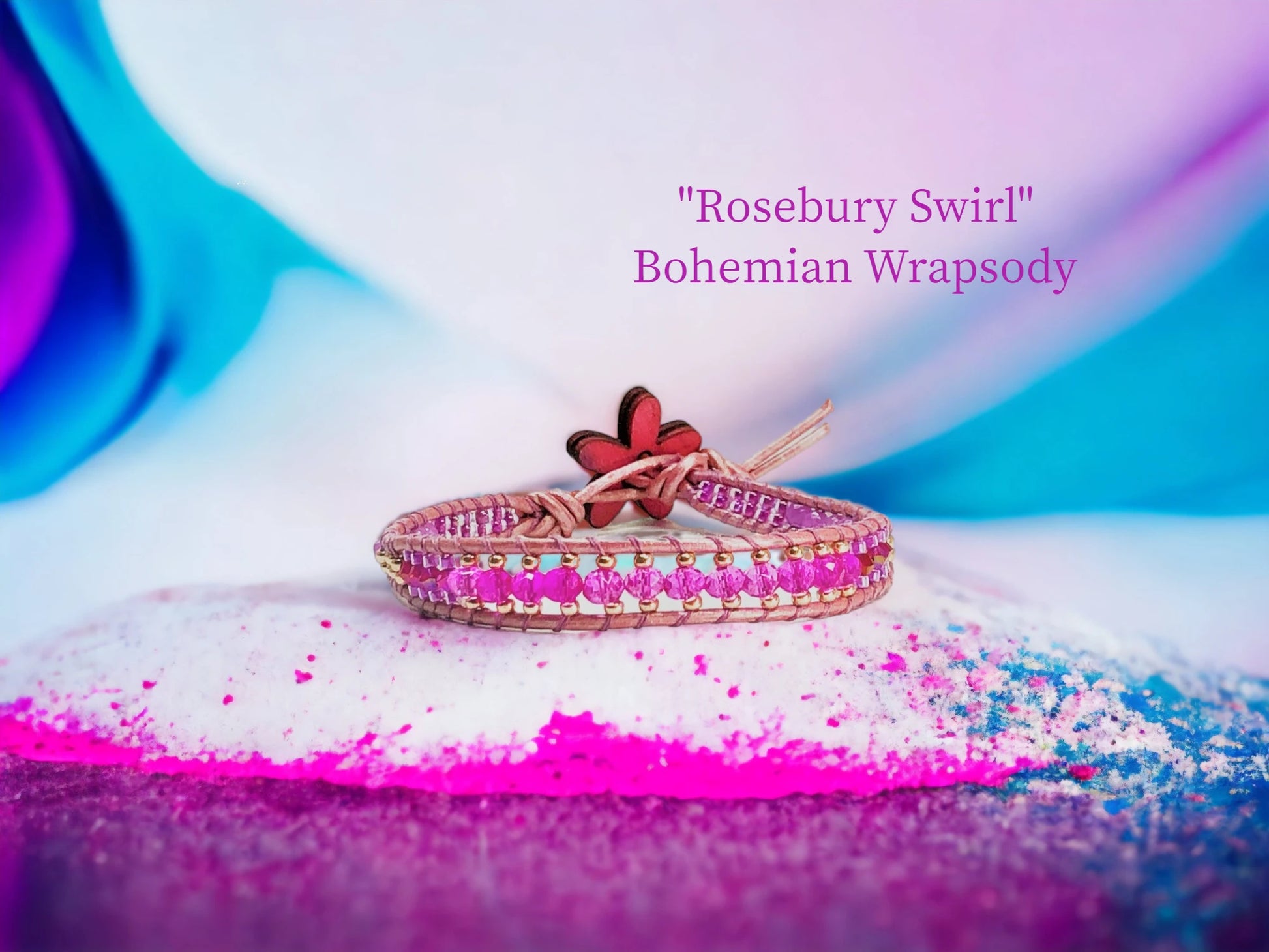 Rosebury Swirl Bohemian Wrapsody with raspberry pearlized genuine leather, Raspberry glass beads, gold Czech seed beads, Austrian Crystal bi-cones, pink Jade, and Tiny Czech beads. Matching Wooden Flower closure.$32