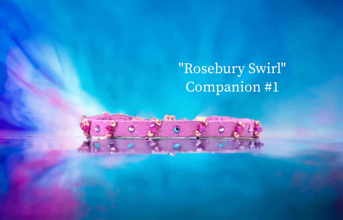 Rosebury Swirl Rose Companion #1 with cascading smaller Austrian bi-cone crystals and gold seed beads along with tiny Austrian flatback crystal studs $22.99