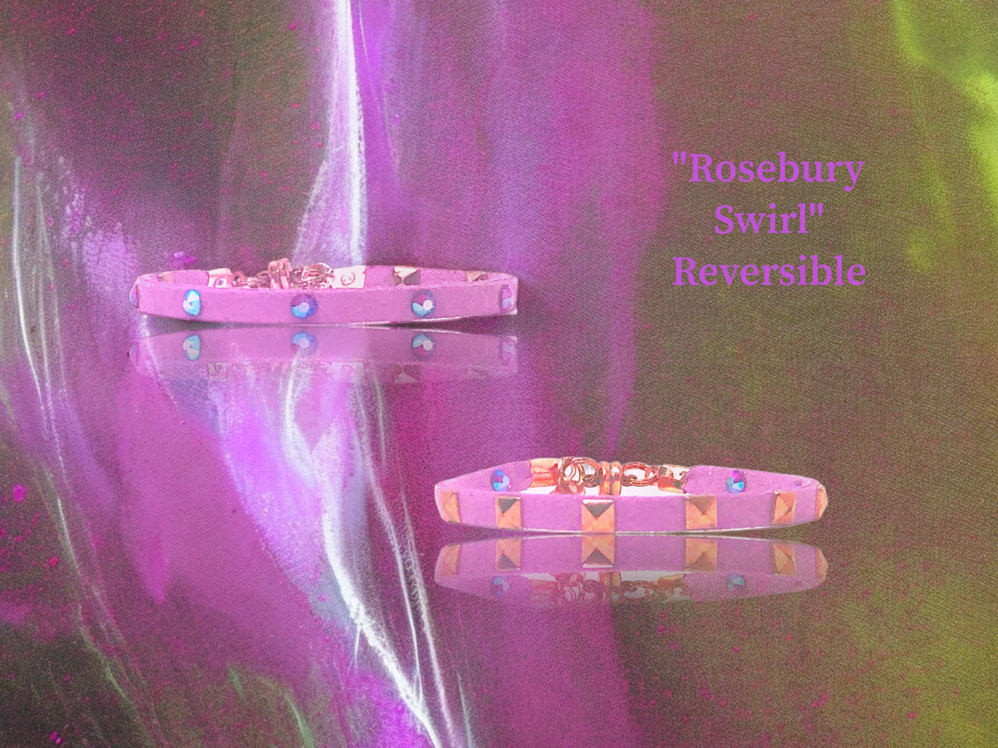  Rosebury Swirl reversible- Red Siam Shimmer crystal Studs on one side, and Rose Gold Square Pyramid studs on the other.  $21.99