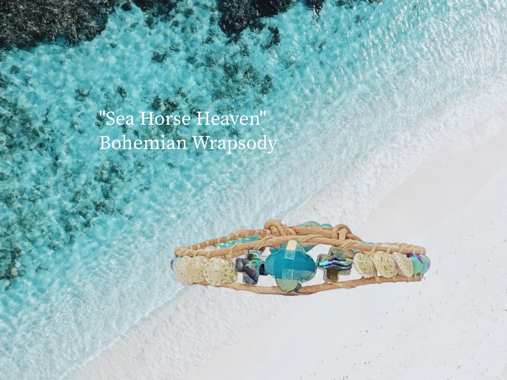 Seahorse Heaven Bohemian Wrap with natural genuine leather encasing a Iridescent Teal Faceted Clover focal with Abaloney Crosses, Shell beads, Sea Sediment Jasper, and Amazonite beads. Porcelain Fish button closure. $38.99