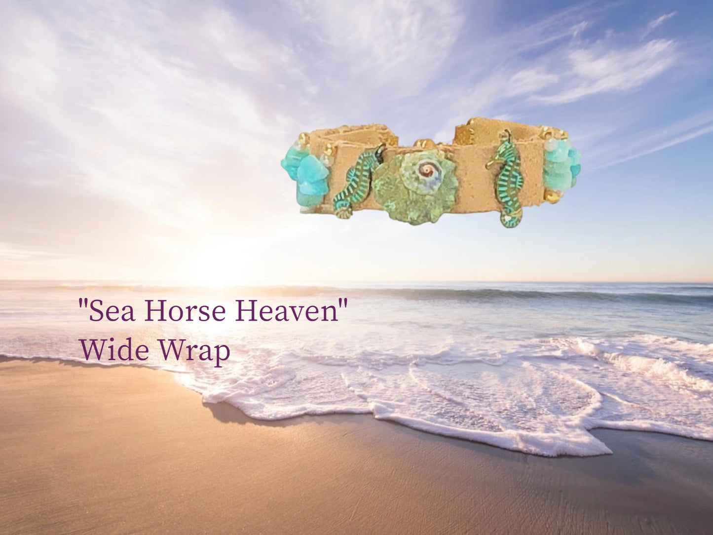 Sea Horse Heaven Genuine Suede Wide single wrap with Green Shell focal, Patina Brass Seahorse charms, and Cascading Amazonite and gold Czech beads. $45.99