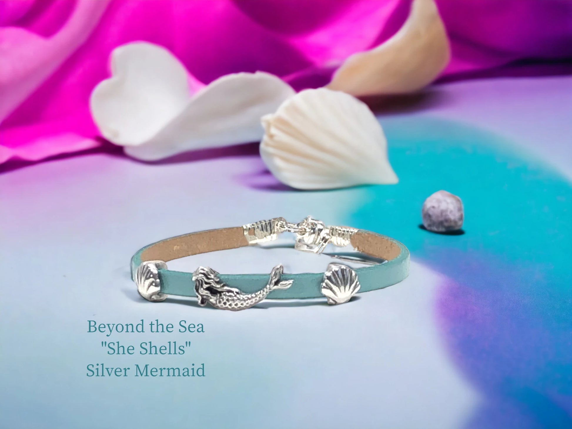 Slender genuine Aqua leather with Silver Mermaid and Scallop Shell Focal $23.99