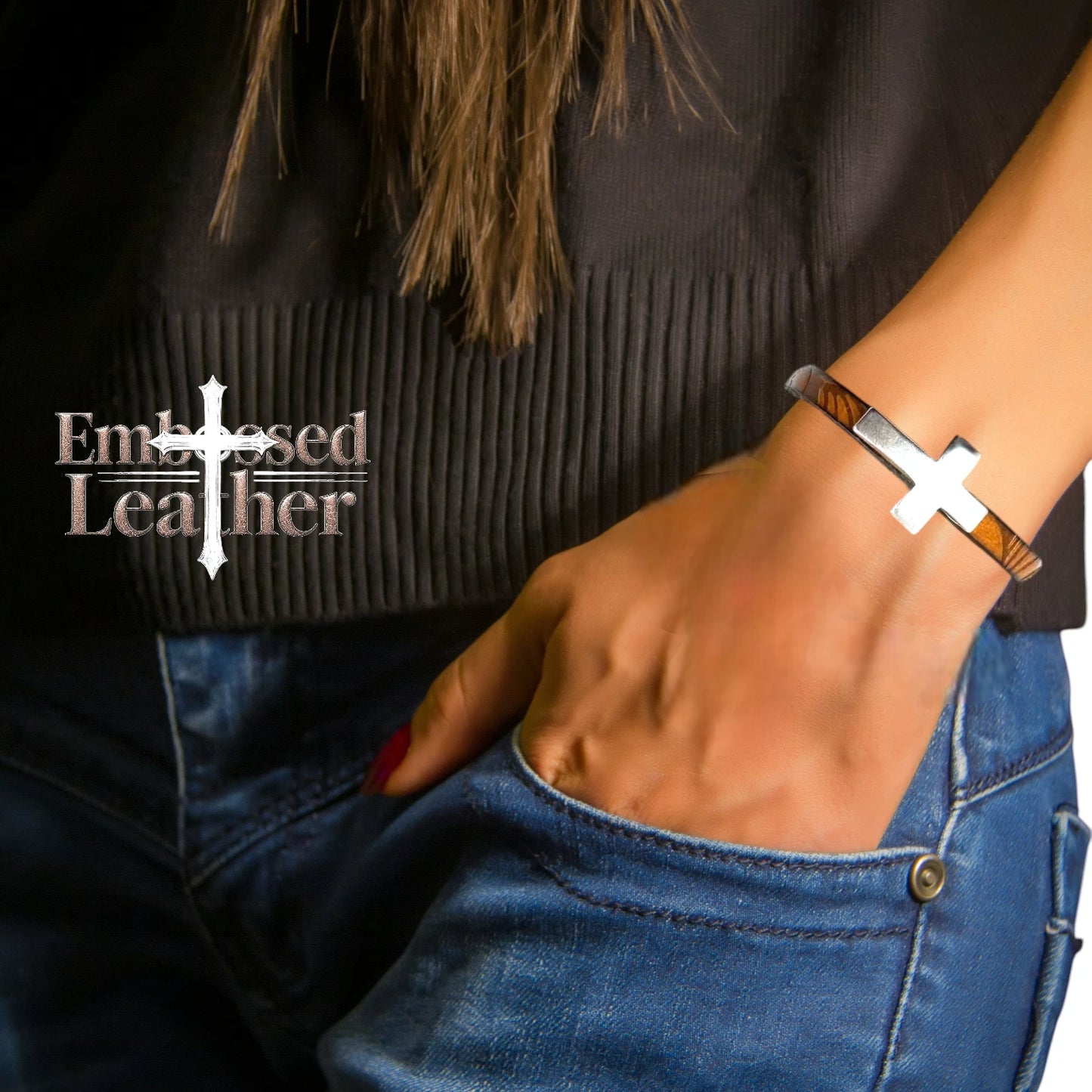 Embossed Leather w/ Silver Cross Bracelet