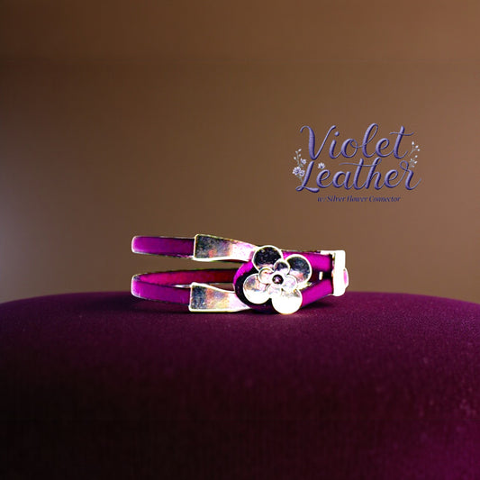 Violet Leather w/ Silver Flower Connector Bracelet