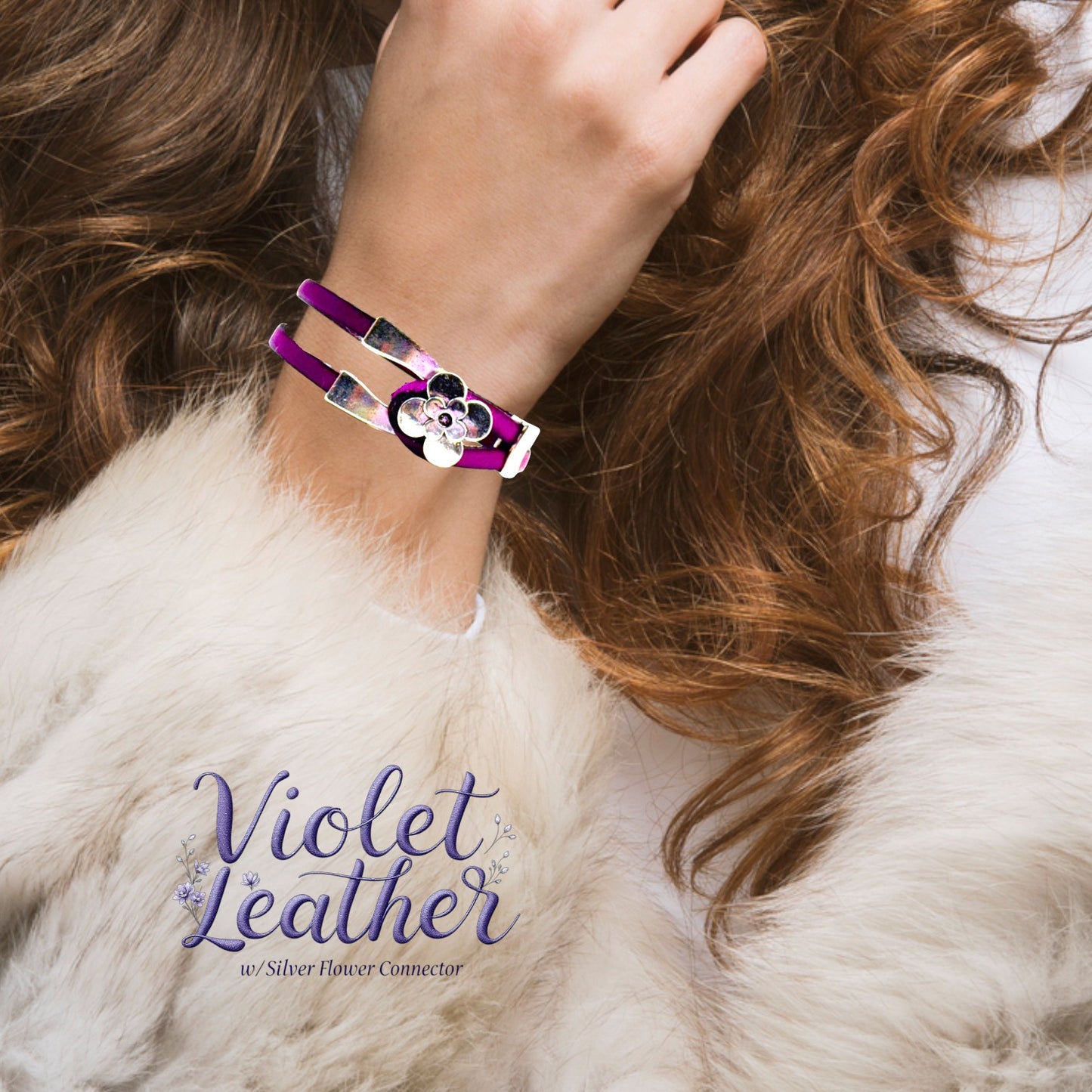 Violet Leather w/ Silver Flower Connector Bracelet