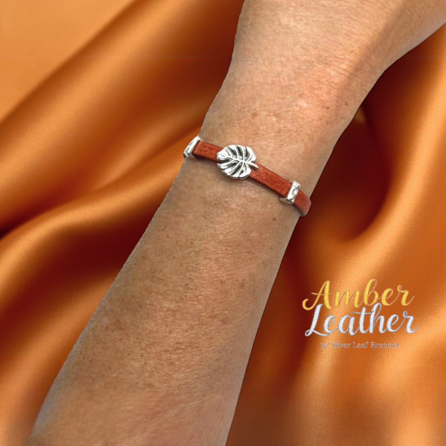 Amber Leather w/ Silver Leaf Bracelet