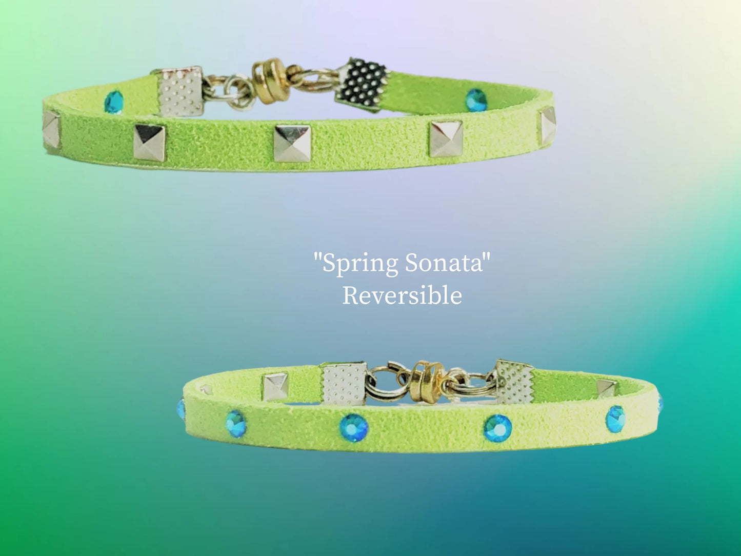 Spring Sonata single reversible wrap with Metallic Turquoise Austrian Crystals on one side and other the other side and Silver Square studs on the other side. Two bracelets in one!! $17.99