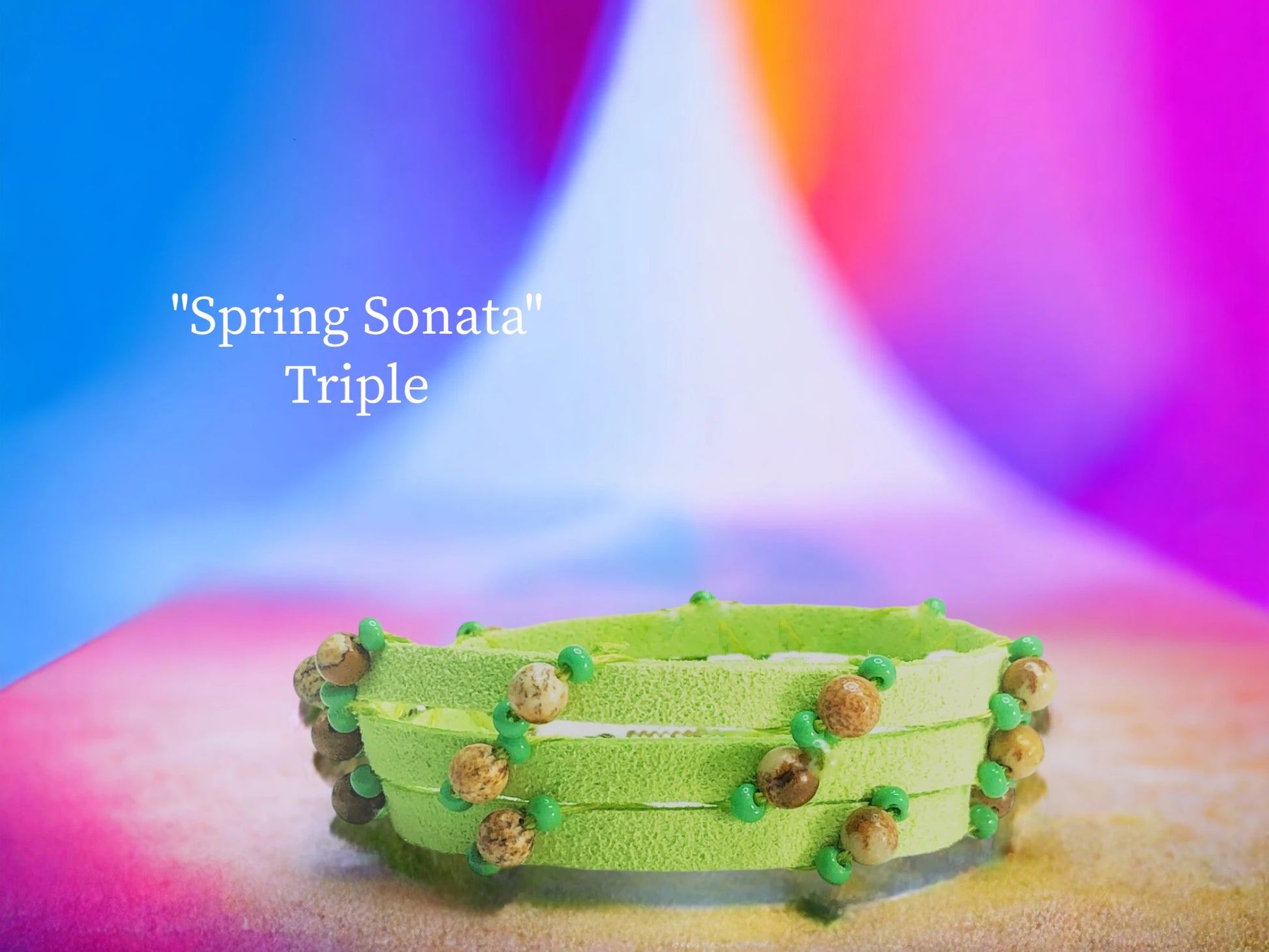 Spring Sonata Triple Wrap with bright Spring Green Faux Suede with cascading Picture Agate and Green Czech beads. $28.99