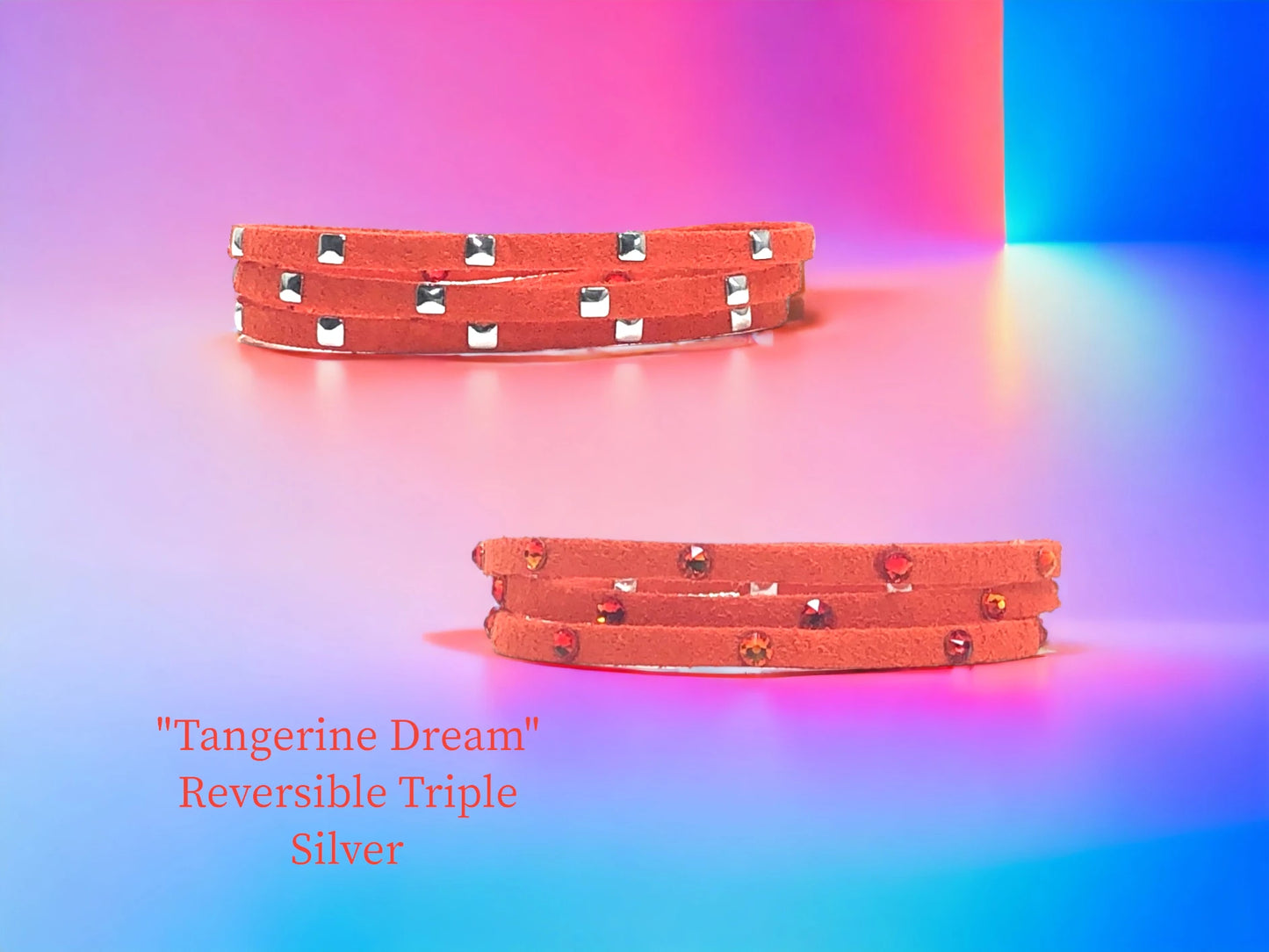 Tangerine Dream triple Wrap Reversible with Silver Studs on one side, and Austrian Crystal Tangerine flatback stud s on the other side. Two bracelets in one!! $27.99