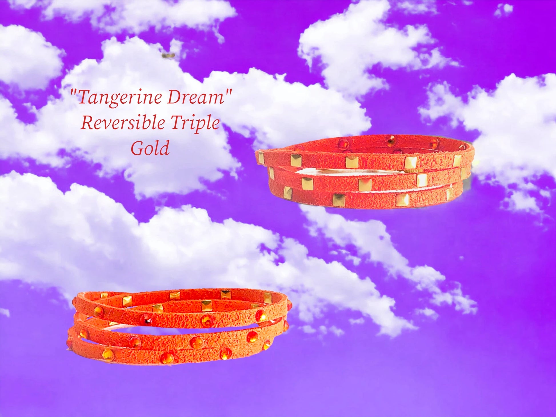 Reversible Triple w/ Small sguare brass studs on one side & alternating tangerine & volcano colored flat back Austrian Crystals on the other side. $27.99