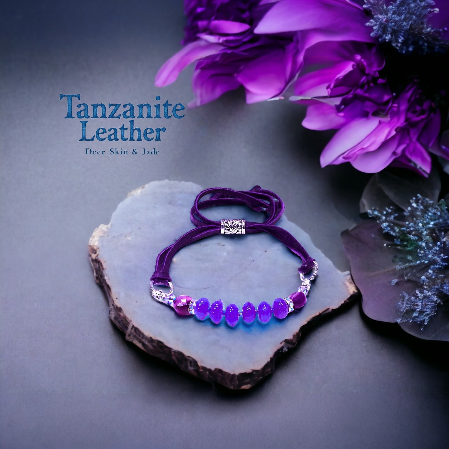 Tanzanite Leather w/ Silver Cross Bracelet & Tanzanite Deer Skin and Jade Bracelet