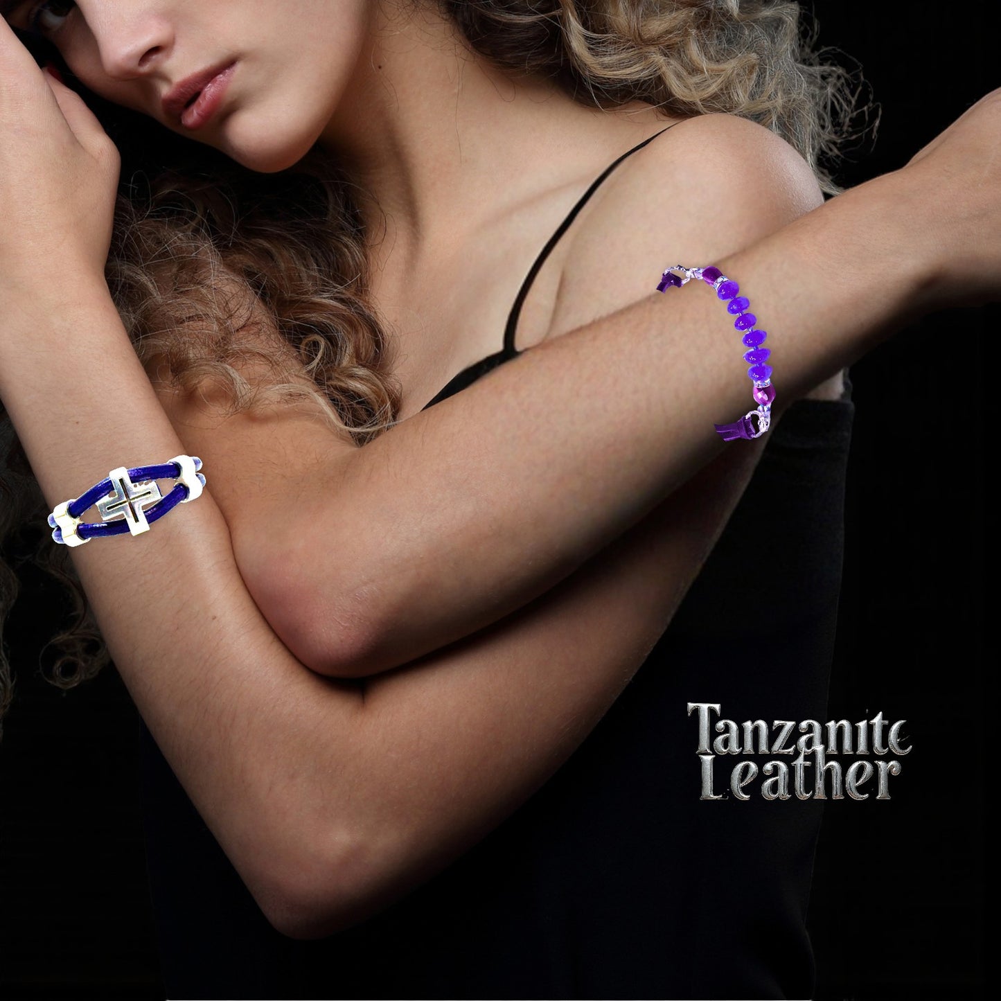 Tanzanite Leather w/ Silver Cross Bracelet & Tanzanite Deer Skin and Jade Bracelet