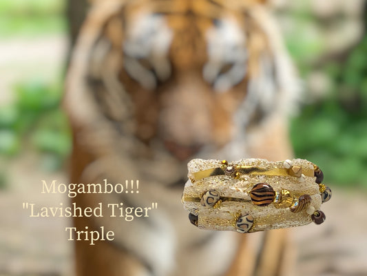 Mogambo!!! Upscale Tiger Gold African Themed bracelets for Evening and Cocktails. Beautiful Gold Triple Wrap w/ delicate Tulle, cascading African Beads and Magnet closure $41.99