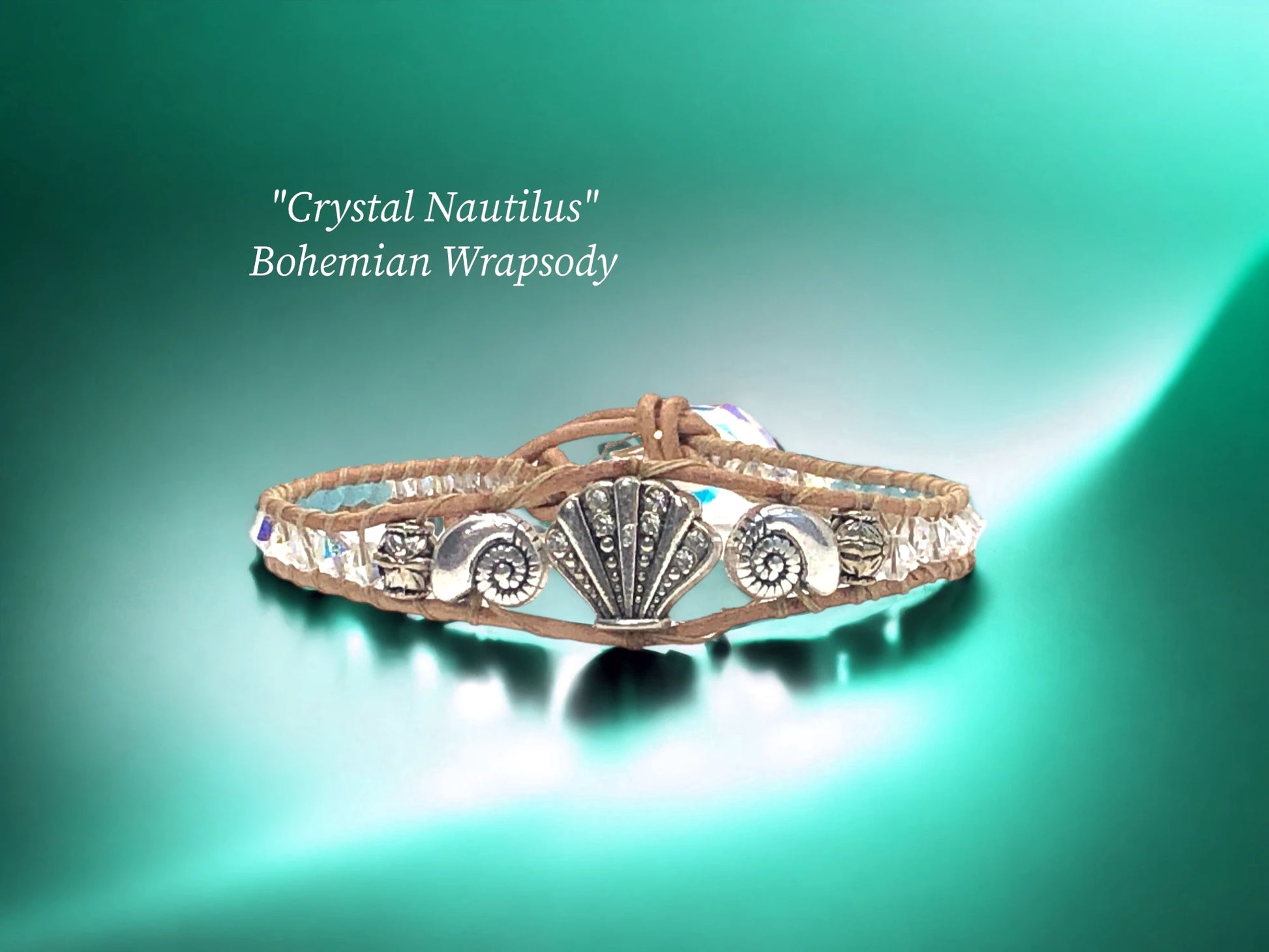 Crystal Nautilus Bohemian Wrapsody- Natural genuine leather w/ two silver nautilus bookending an Art Deco style silver and crstal studded shell, Austrian bi-cone Crystals , tiny Sea Foam glass squares, and a Austrianand a Nautilus charm closure complete this special armpiece. $49.99