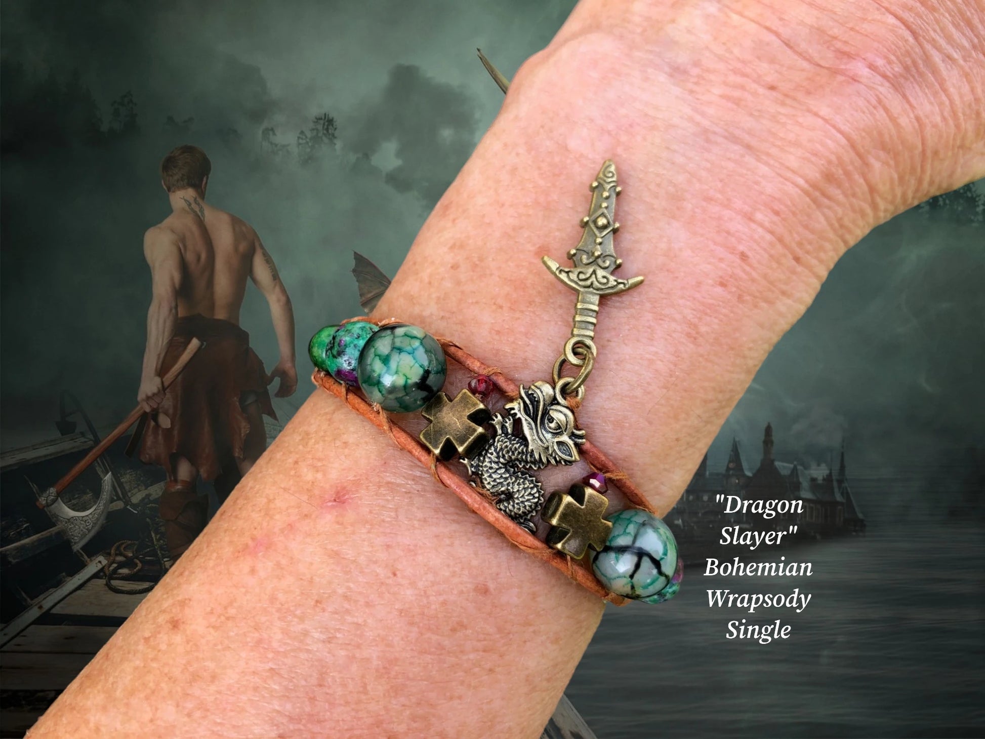 Fishers of Men-Dragon Slayer Single- Bohemian Wrapsody- Chestnut genuine leather encasing a bronze Dragon and Exotic Sword focal w/ Dragon vein Agate, Square Jasper, Tiger's eye, Picasso Czech beads, Bronze Templar crosses &amp; a Bronze "Armor Of God" charm closure. $37.99