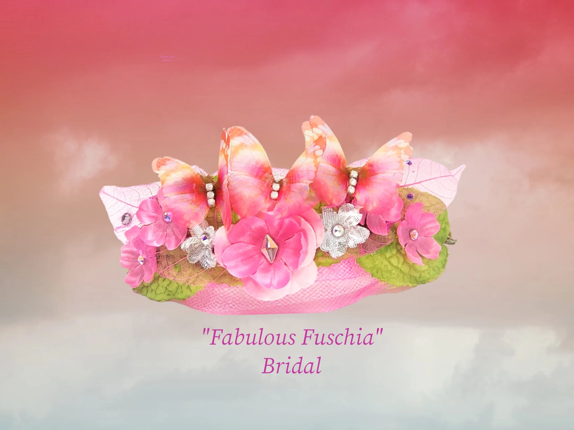 Fabulous Fuschia- Bride's Maids faux suede light weight magnetic bracelet with silk and silver lame' flowers and Austrian crystal centers. Delicate Fuschia tulle, silk green leaf, adorable fuschia chiffon 3-D butterflies with rhinestone center, delicate and filmy fuschia skeleton leaves and tiny crystal dew drops make this bracelet a beautiful arm piece for the bridal crew! $46.99