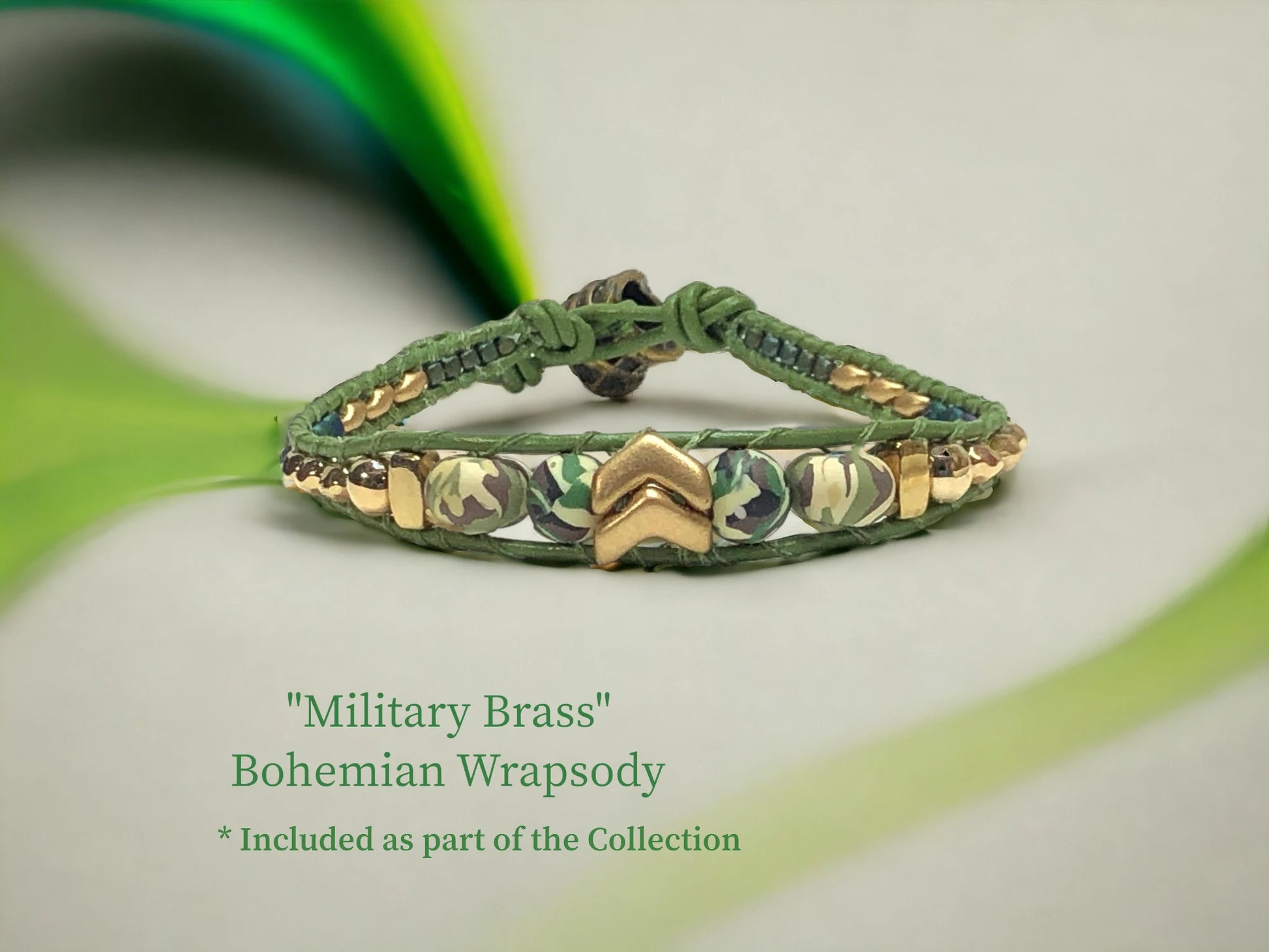 Military Brass Bohemian Wrapsody -Genuine Olive Leather encasing a gold glass Chevron Focal with fun camoflage beads, Hematite, and shiny gold bars and beads. $28.99