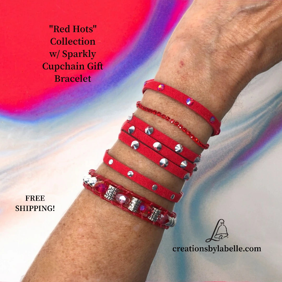 Red Hots Collection- Sols separately or 20% discount as whole collection. Red Faux Suede Bracelets with Magnet closures.  w/ Sparkly cup chain gift bracelet.