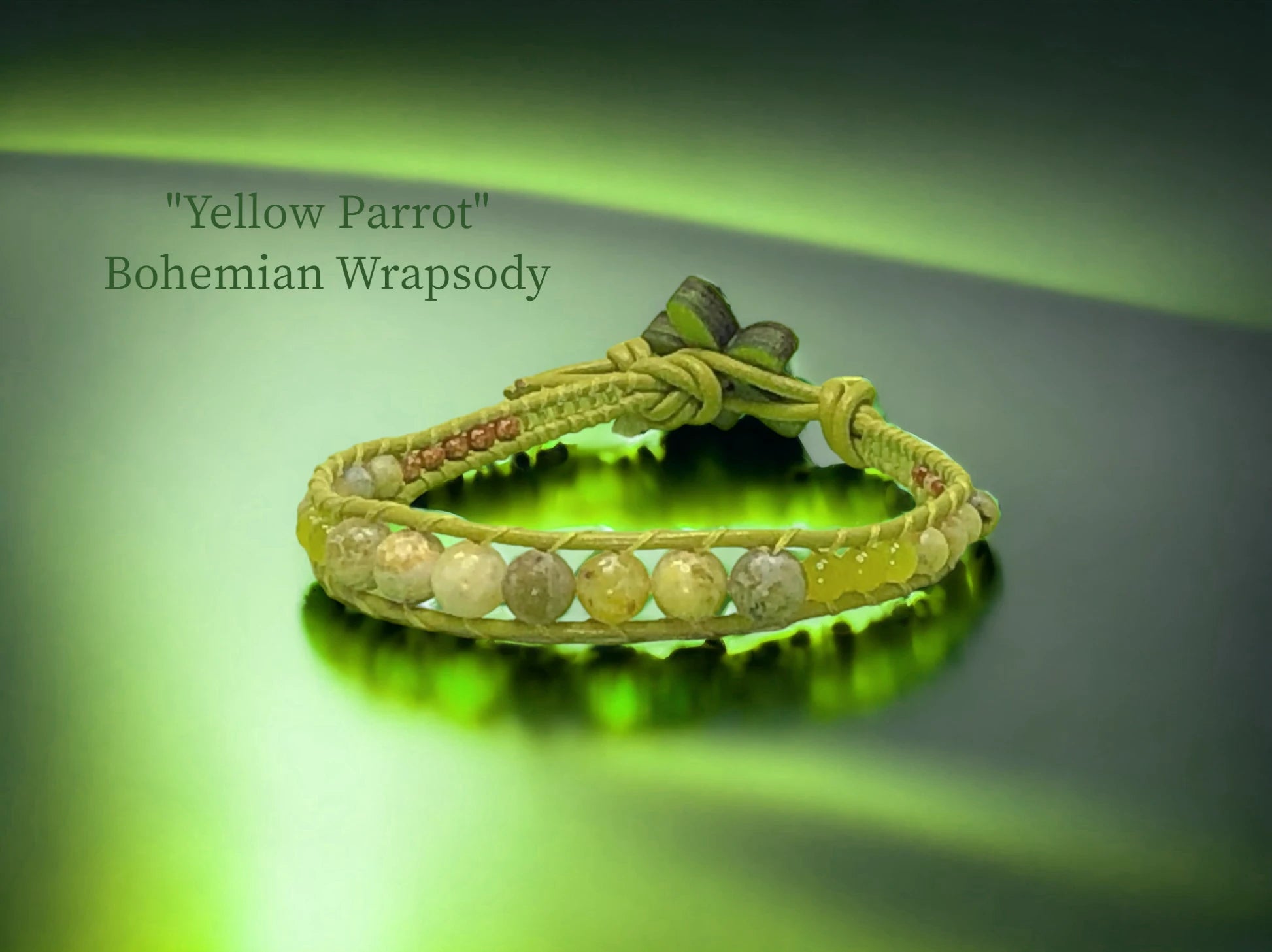 Yellow Parrot Bohemian Wrapsody - Yellow green genuine leather with Yellow Turquoise, Howlite, woodgrain Czech and tiny yellow green Czech beads. A Yellow Green wooden flower button closure. $39.99