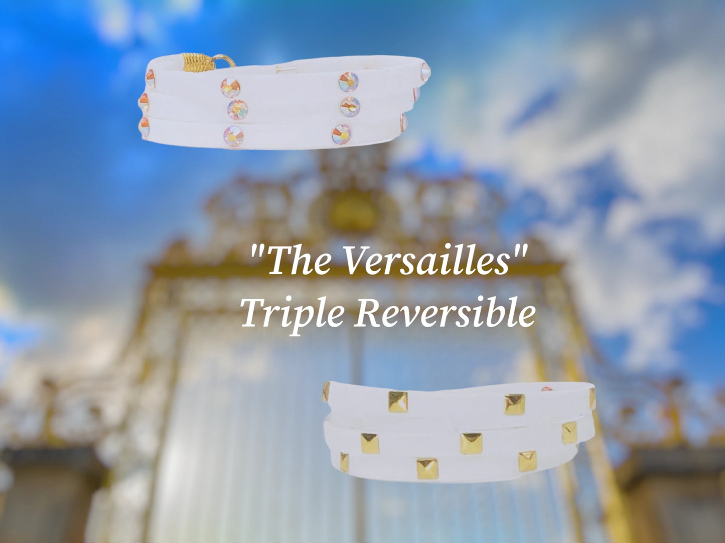 The Versailles Triple Wrap reversible with white faux suede and Gold Pyramid Square studs.on one side and Topaz crystal studs on the other side. Two bracelets in one !!! $35