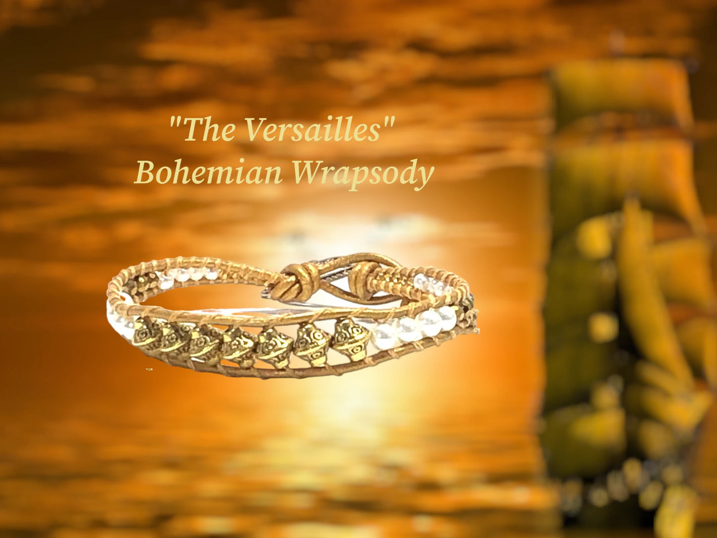 The Vesailles Bohemian Wrapsody w/ Metallic gold leather Gold Scroll engraved Bi-cones as focal, pearl beads & matching metallic and sparkly Czech beads w/ matching button closure. $35