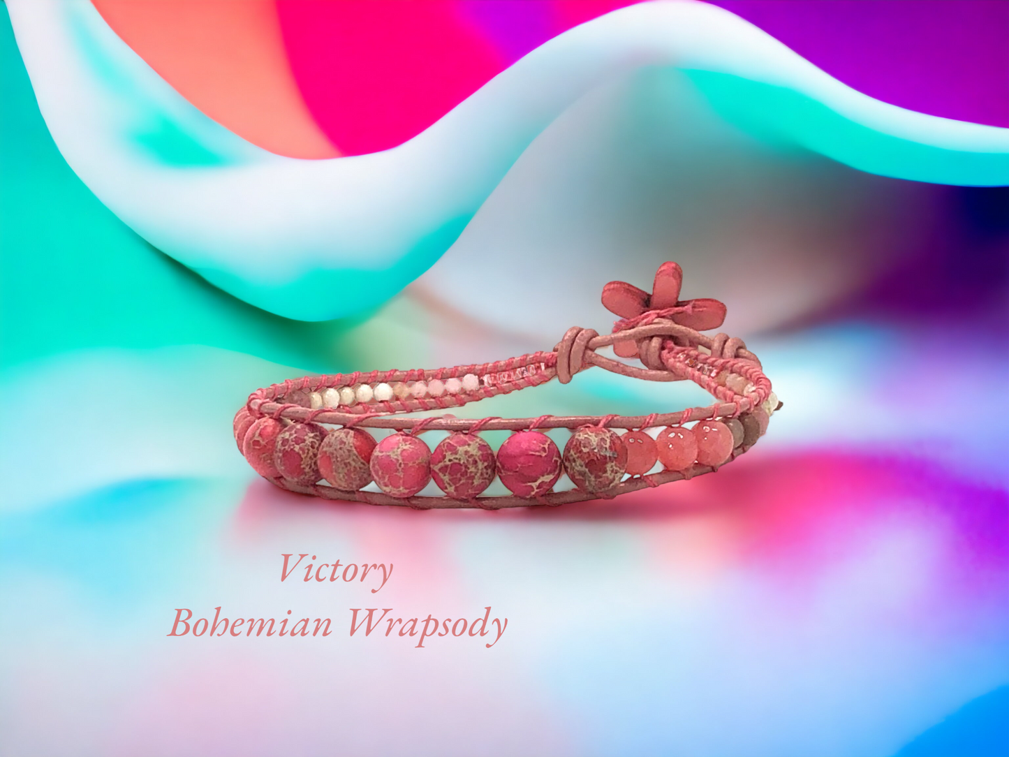 Bohemian wrap -matching coral leather with, coral pink jasper, &amp; white turquoise,pink jade a beautiful button flower closure. 