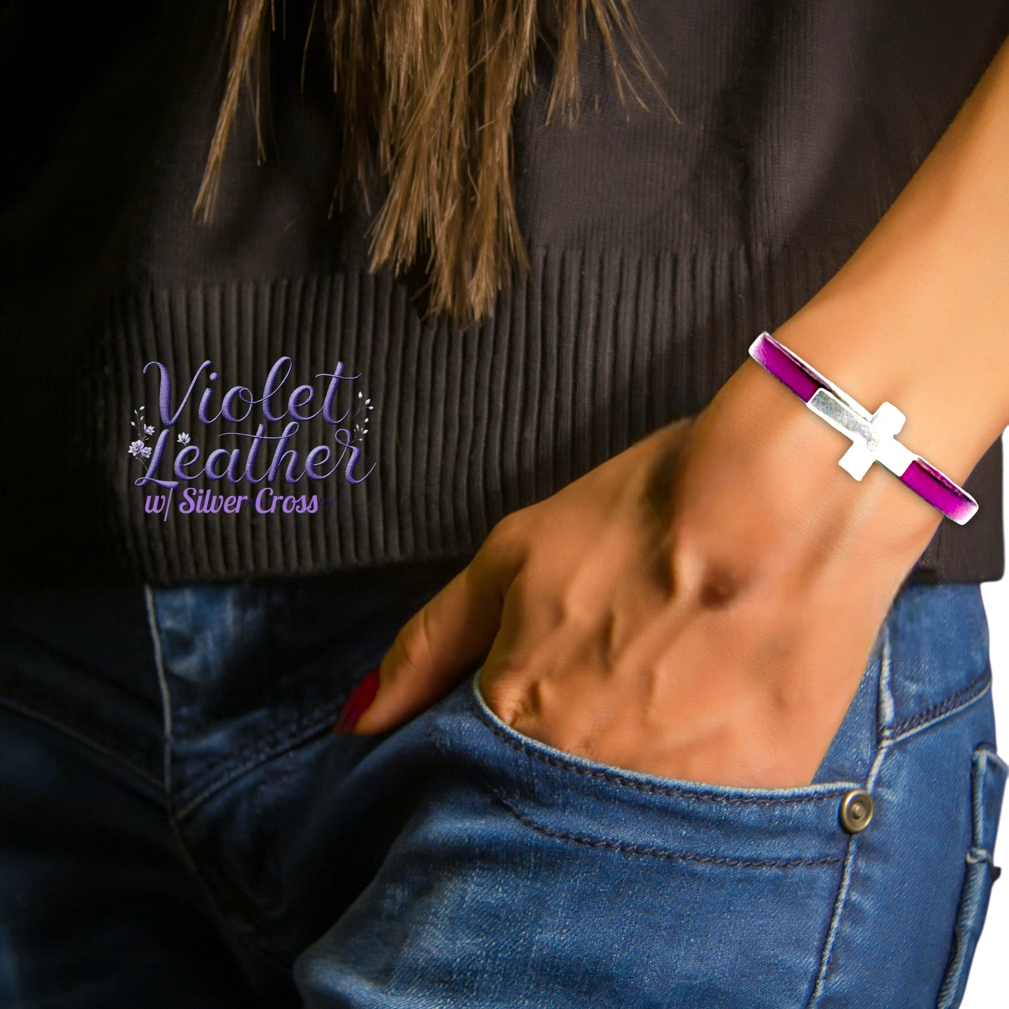 Violet Leather w/ Silver Cross Bracelet