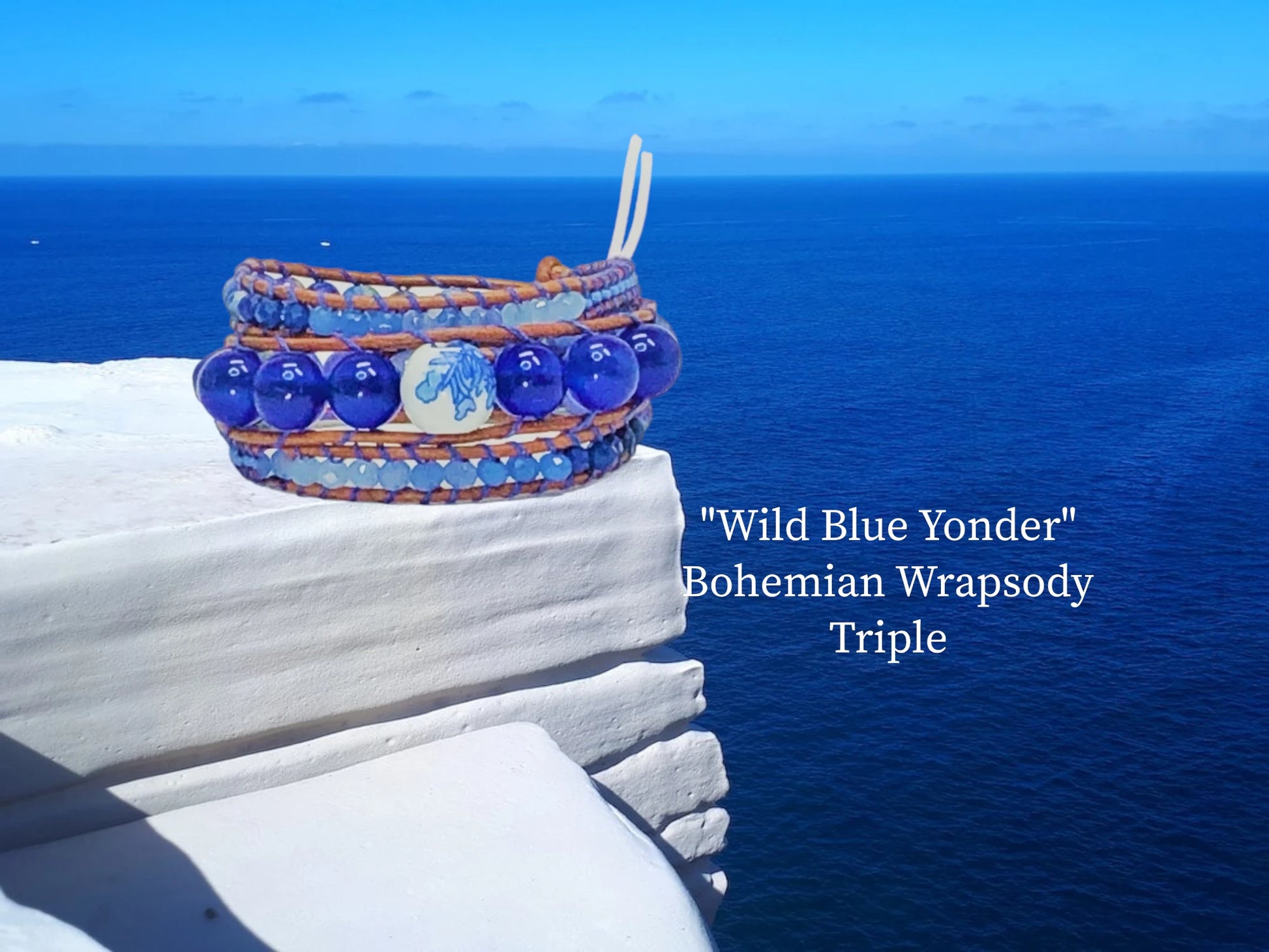 Wild Blue Yonder Bohemian Wrapsody triple wrap w/ rich cherry wood leather, Royal Blue Tiger's Eye, Handpainted porcelain focal, w/ matching Agate, & Quartz beading.  Matching pocelain bead closure.   $59.99