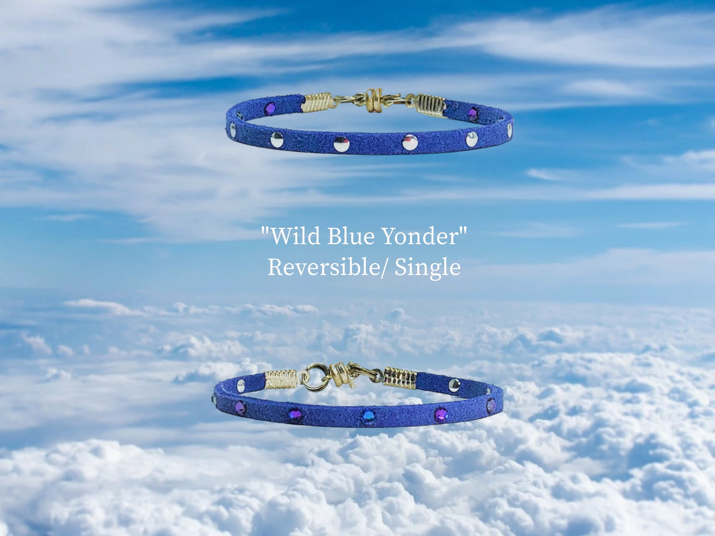 Wild Blue Yonder Reversible single with Round silver studs on one side, an Blue Austrian Crystal studs on the other side. Two bracelets in one. $19.99