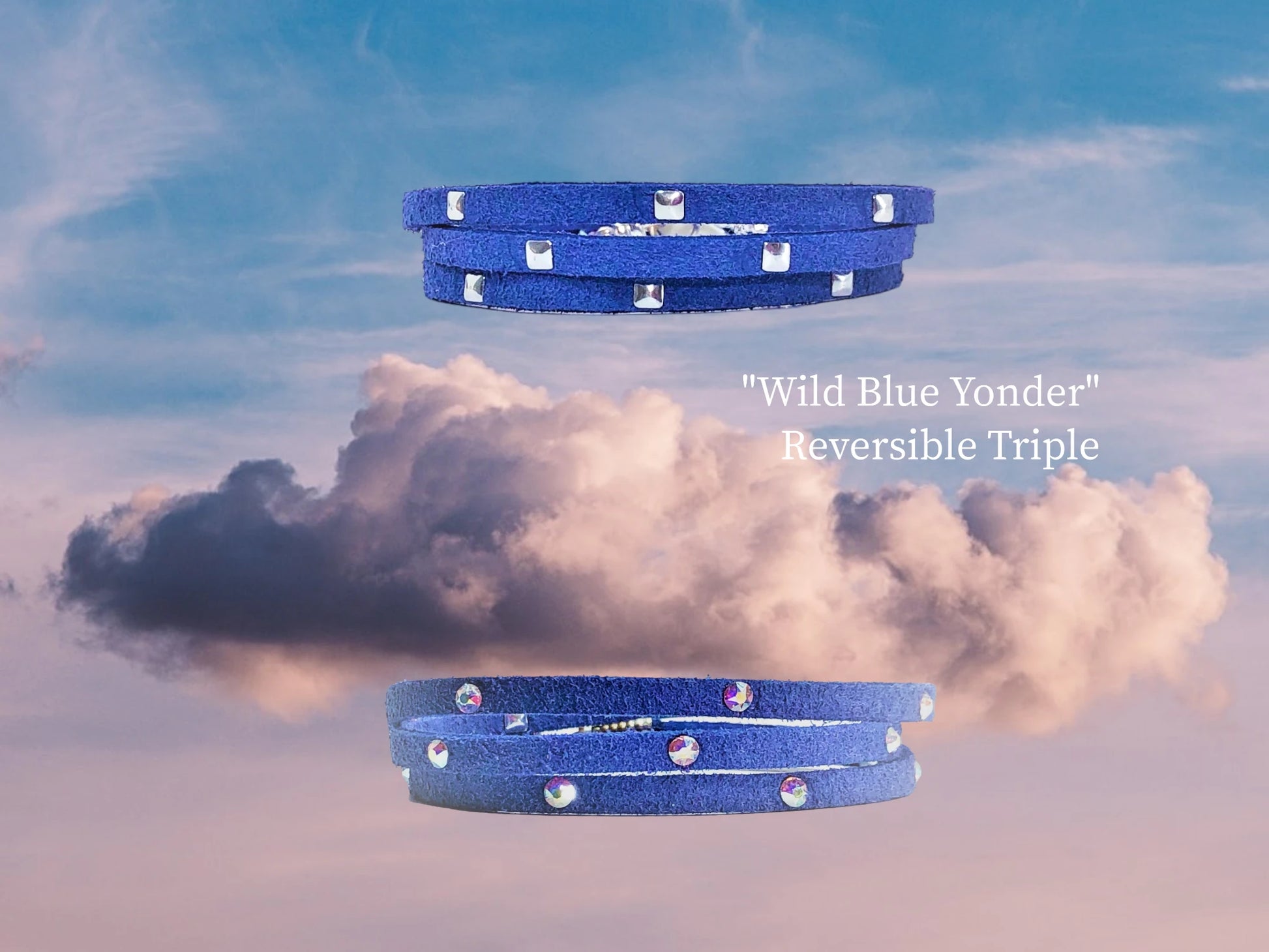 Wild Blue Yonder Triple Wrap reversible w/ Austrian Crystals on one side and Silver Square studs on the other side. Two bracelets in one!! $30.99