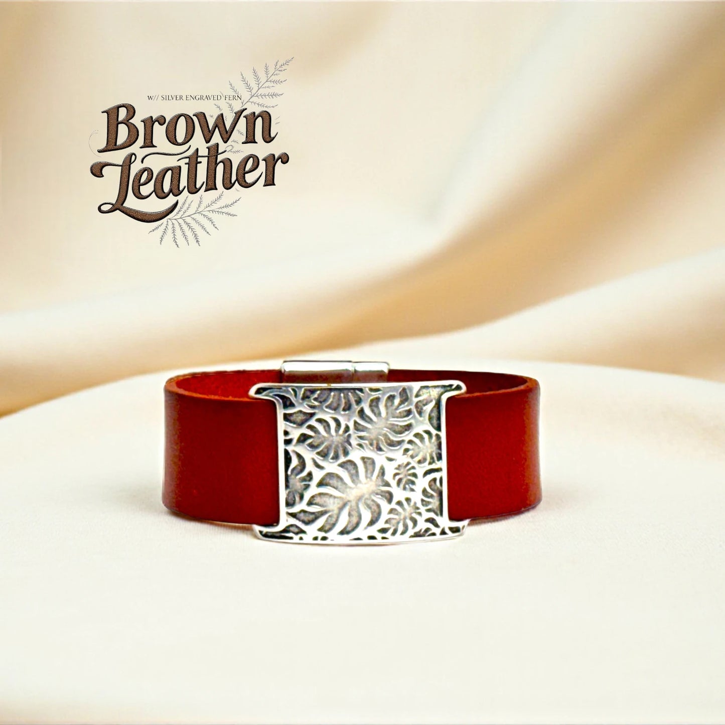 Brown Leather Bracelet w/ Engraved Silver Fern Slider