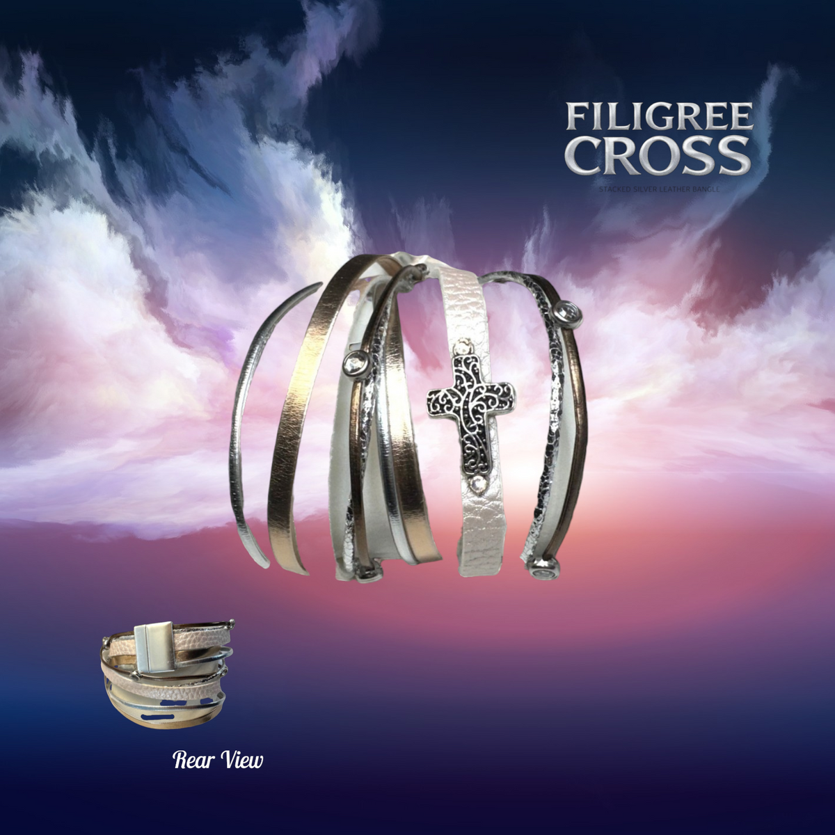 Filigree Cross Silver Leather Stacked Bangle