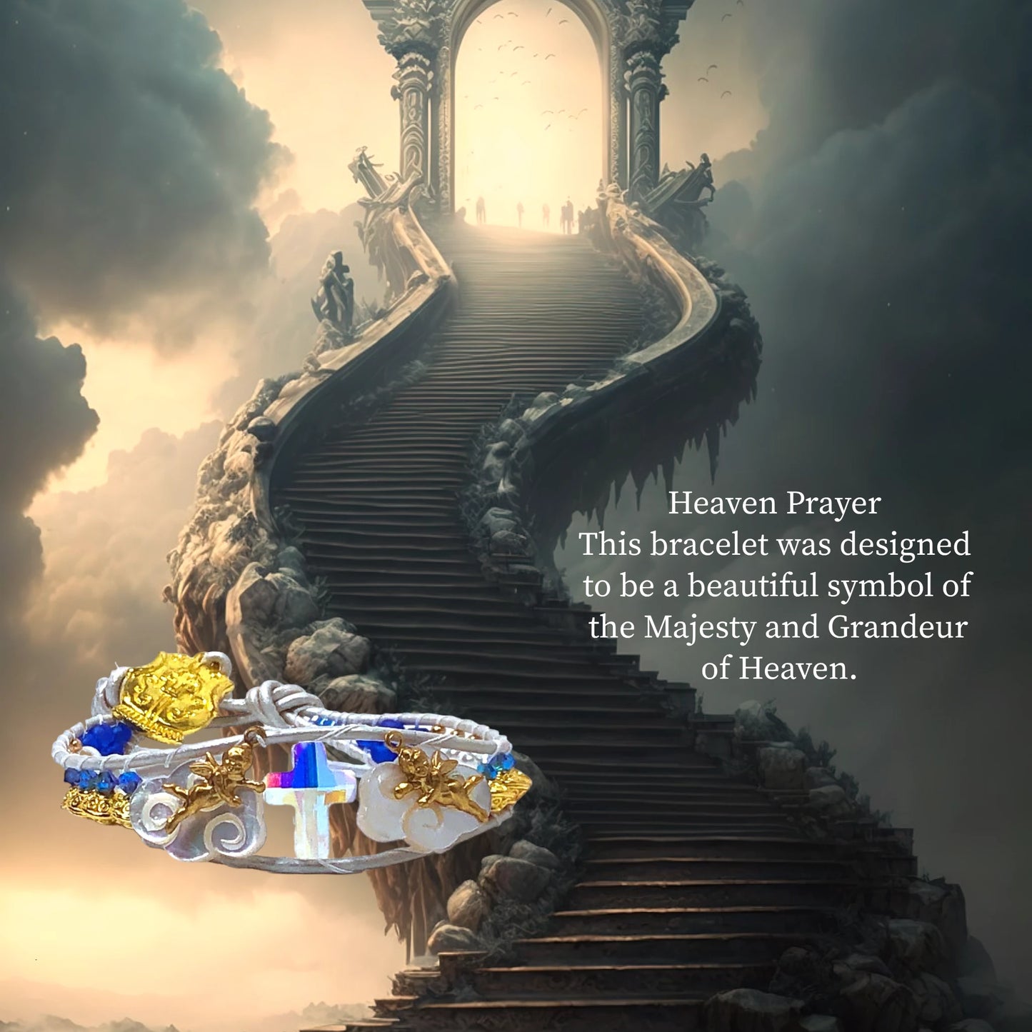 Heaven Parayer Single/Gold-Single Wrap-Genuine Pearlescent&nbsp; Leather with an Austrian Crystal Cross Focal, Mother of Pearl Clouds, Golden Cherubs, irridescent AB blue Austrian Crystal bi-cones, gold scroll bi-cones, pearl beads, Czech beads and a beautiful gold plated Armor of God charm closure. $65.99